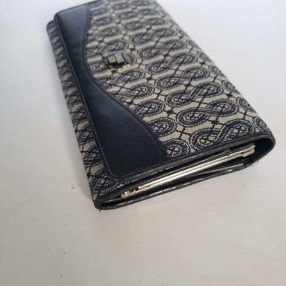 Anna Sui Wallet Clutch Gray Black Envelope Leather Canvas Boho Geometric Large - Picture 11 of 12